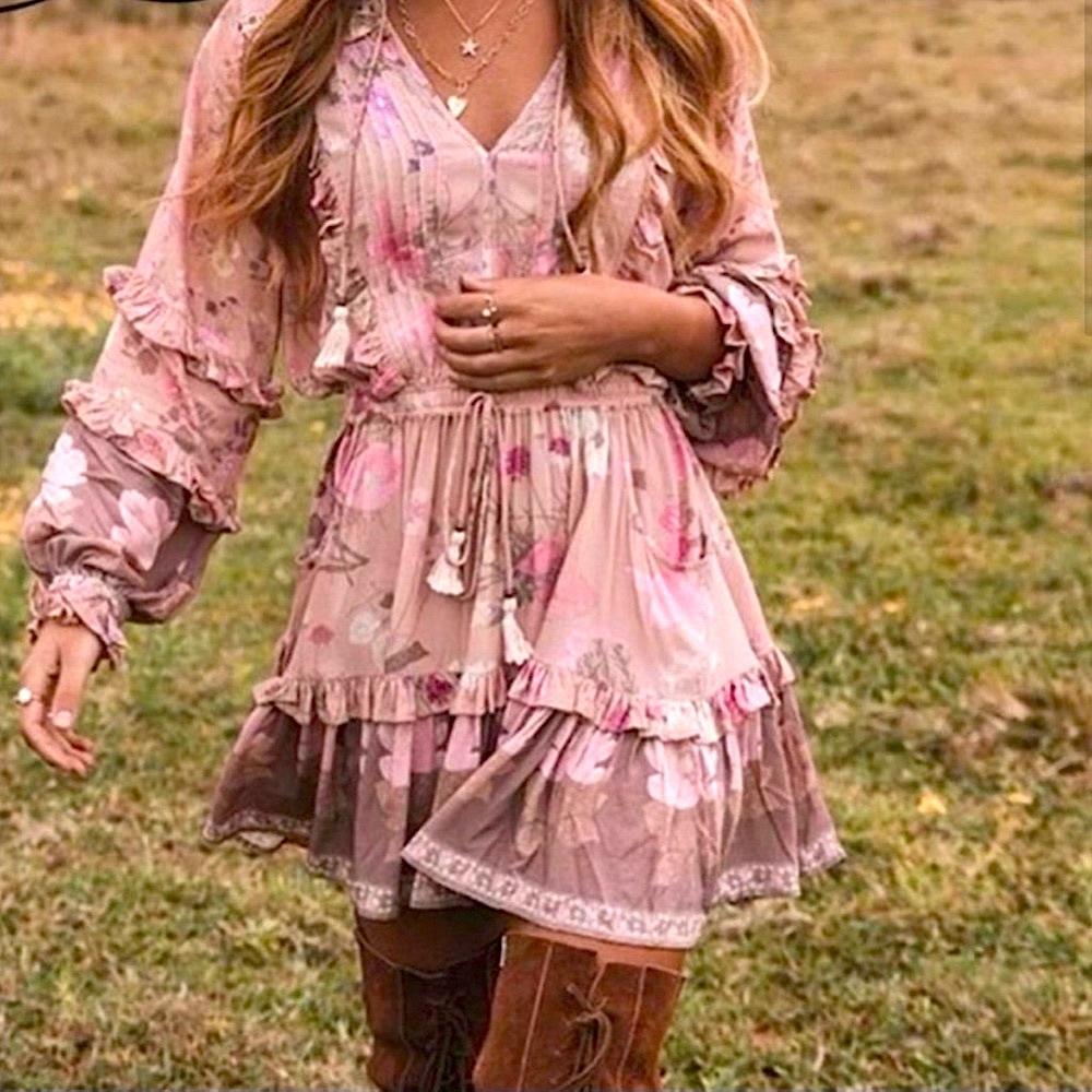 Boho Pink Floral Ruffle Dress